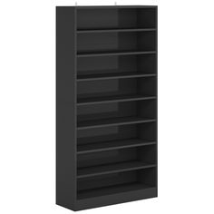 a black book shelf with five shelves on each side