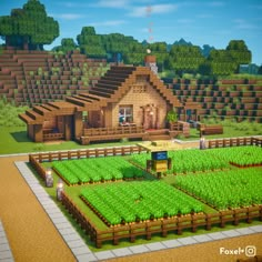 a small house in the middle of a farm with lots of green plants on it