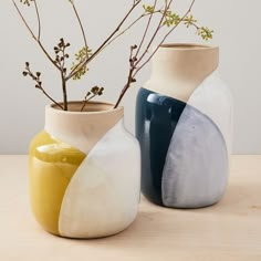 three vases with plants in them sitting on a table