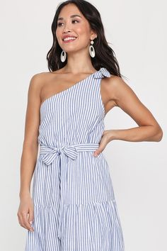 Get ready to make endless summer memories with a warm weather-ready look like the Lulus Gleeful Getaway Blue and White Striped One-Shoulder Midi Dress! This dreamy dress is composed of linen-cotton blend fabric that boasts a blue and white striped pattern as it shapes a darted bodice and a one-shoulder neckline, supported by a single tying strap. The high, elasticized waist, with a matching sash belt, sits atop an A-line tiered skirt that falls to a sophisticated midi hem. Fit: This garment fits Striped Summer Mini Dress For Day Out, White One-shoulder Dress For Summer Brunch, White One Shoulder Dress For Spring Brunch, Light Blue Summer Vacation Dress, Striped Mini Dress For Beach In Summer, One Shoulder Sundress For Day Out, Summer Off-shoulder Sundress For Brunch, Off-shoulder Sundress For Summer Brunch, Striped Mini Dress For Summer Beach