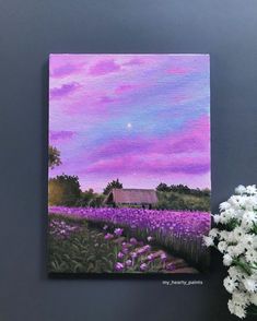 a painting of a lavender field with a barn in the distance and white flowers next to it