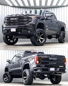 two pictures of the same truck in different positions, one is black and the other is silver