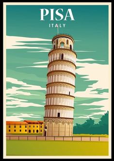 the leaning tower of pisa, italy is shown in this retro style travel poster print