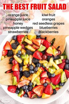 the best fruit salad recipe with orange juice, pineapple juice, red seedless grapes, strawberries, blackberries and kiwifruit