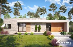 a rendering of a modern house in the middle of a garden with trees and bushes