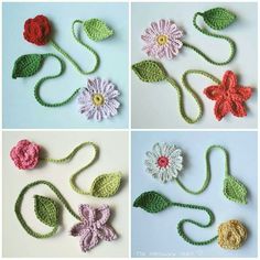 crocheted flowers and leaves are shown in four different pictures, each with a single flower