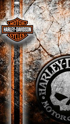 the harley davidson logo is shown on an orange and black background with trees in the background