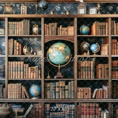 a bookshelf filled with lots of books next to a wall covered in pictures