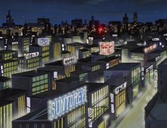 an animated city at night with buildings lit up