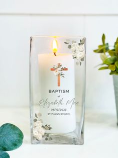 |Personalized Baptism Candle, Baptism Favor, Christening Gift, First Communion Gift, Christening Custom Candle, Godson Gift, Goddaughter, | Our Handmade Personalized Baptism Candle is the perfect addition to any baptism, christening, or first communion ceremony. This candle is not only a beautiful decoration piece, but also a meaningful keepsake that will be cherished for years to come. Each candle holder is made with the highest-quality glass and paired with a 3x6-inch pillar candle. The glass holder features a beautiful quote and measures 4 inches in width and 8 inches in height. You can personalize the candle with a name and date, making it a truly unique and special gift. { ABOUT OUR CANDLE HOLDERS } ⦁Keepsake Design: Unlike printed candles that melt the design when lit, these centerpi First Communion Centerpieces, Baptism Candle Favors, Communion Centerpieces, Baptism Centerpieces, Godson Gifts, Printed Candles, Goddaughter Gifts, Custom Candle, Baptism Candle