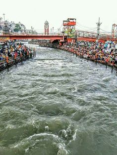 people standing on the edge of a bridge over water