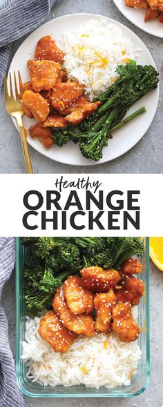 healthy orange chicken served with rice and broccoli