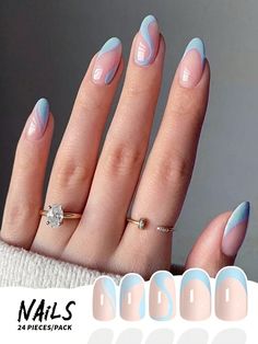 24pcs/Set Fashionable Blue French Wave Pattern Almond Shape Full Cover False Nails With Smooth Surface, Jelly Glue And Nail File, Suitable For Parties, Dance, And Daily Wear Press On Nails Nail Supplies Baby Blue     Colorblock,Striped Color Nails   Nail,Hand & Foot Care, size features are:Bust: ,Length: ,Sleeve Length: Valentine Nails, Nagel Tips, Easy Nails, Her Nails, Fake Nails With Glue, Almond Acrylic Nails, Blue Nail, Nailed It, Chic Nails