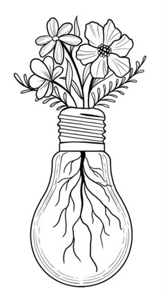 a black and white drawing of flowers in a lightbulb with roots on it