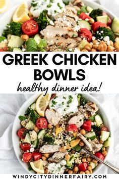 greek chicken bowls with lemons, tomatoes, cucumbers and chickpeas