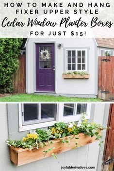 a small white house with purple doors and window boxes filled with flowers in the windows