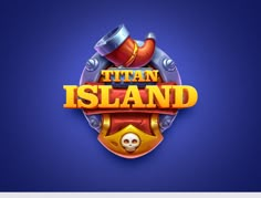 the logo for titan island with a skull and helmet on it's head, in front of a blue background