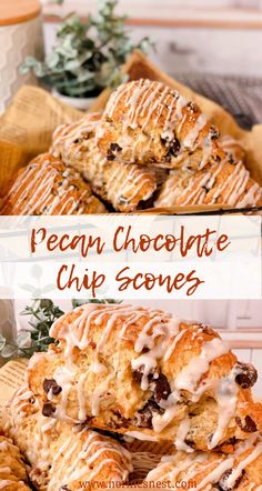 the recipe for chocolate chip scones is shown in three different pictures, including one with icing on it