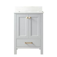 an image of a white bathroom vanity with gold handles