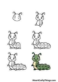 four different types of cartoon animals sitting on the ground with their heads turned to look like they