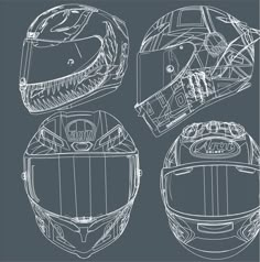 three different types of helmets on a gray background