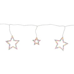 three stars are hanging from a string on a white background, one is multicolored