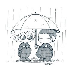 two children are sitting under an umbrella in the rain, one is holding his head