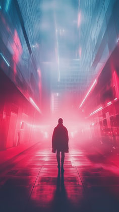 a man walking down a dark alley in the middle of a building with red lights