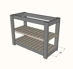 a wooden shelf with two shelves on the bottom and one shelf below it, showing measurements for