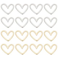 six different shapes of hearts in gold, silver and white colors on a white background