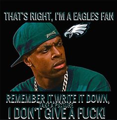 a man wearing a green hat with an eagles fan on it's forehead and the words, that's right, i'm a eagles fan