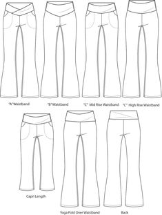 the front, back and side views of women's pants