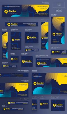 the blue and yellow business card is designed to look like an abstract background with wavy shapes