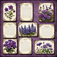 purple flowers are arranged in the middle of this set of notepads, which have been