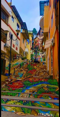 colorful painted steps leading up to the top of buildings