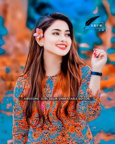 a woman with long hair holding a flower in her hand