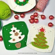 three crocheted christmas ornaments and balls of yarn