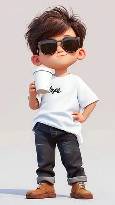 a little boy wearing sunglasses and holding a coffee cup in one hand while standing on the other