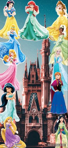 disney princesses are standing in front of the castle with their dresses and tiaras