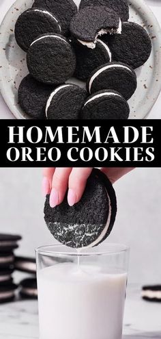 homemade oreo cookies on a plate with milk in the background and text overlay that reads homemade oreo cookies