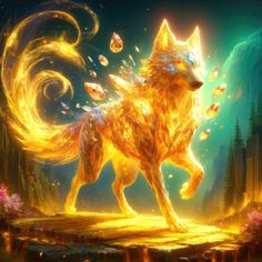 a golden wolf standing on top of a lush green forest covered in fire and ice