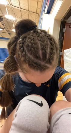 Braids For Wrestlers, Three French Braids, Dutch Braid Ponytail Hairstyles, Wrestling Hair Styles, 4 Braids Into Ponytail, Cute Volleyball Hairstyles Short Hair, Unique Sports Hairstyles, Sport Braided Hairstyles, Complicated Braided Hairstyles