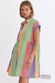 Nothing says spring/summer fun like our Nikki Multi-Color Stripes Shirt Mini Dress. This fun easy dress boasts a delightful array of colors, and the button-down design and side pockets adds practicality while ensuring ease of wear. The inclusion of a lining ensures both comfort and confidence, allowing you to embrace every moment. The allure of this dress lies in its versatility. Whether you're strolling through sun-kissed streets or attending a daytime soirée, pair it with cute wedges, sandals Spring Vacation Cotton Shirt Dress, Spring Cotton Shirt Dress For Vacation, Casual Multicolor Shirt Dress For Beach, Casual Multicolor Shirt Dress For The Beach, Casual Multicolor Shirt Dress For Summer, Casual Shirt Dress For Daytime In Summer, Multicolor Summer Shirt Dress For Beach, Multicolor Shirt Dress For Beach In Spring, Striped Cotton Beach Shirt Dress