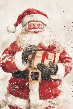 a painting of santa claus holding a gift in his hands with snow falling around him