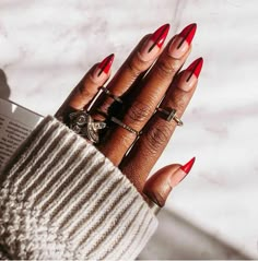 Edgy Nails Acrylic Grunge Short Almond, Modern Red Nails, Black And Red Pointy Nails, Baddie Almond Nails Red, Trendy Nail Art Almond, Aesthetic Almond Nails Designs, Red Cool Nails, Red Nail Acrylic Designs, Block Nail Colour