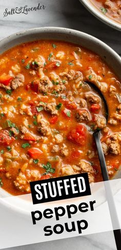 a bowl of stuffed pepper soup with a spoon in it and the title overlay reads stuffed pepper soup