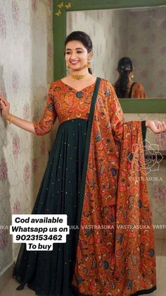 Gown Kurti, Orange Gown, Kalamkari Dresses, Casual Denim Dress, Latest Maxi Dresses, Simple Frock Design, Long Frock Designs, Cozy Sweater Dress, Long Gown Design