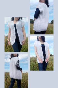 four photos of a woman wearing a white vest