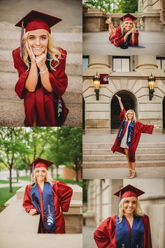 a collage of photos shows a woman in graduation gown and cap posing on steps