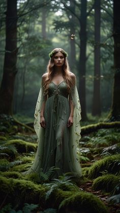 a woman with long hair wearing a green dress in the middle of a wooded area